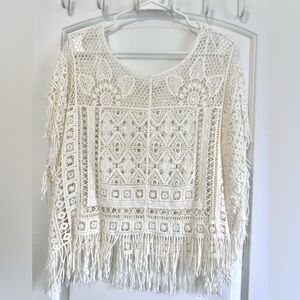 Boho Crochet Lace Fringe Top Cream Short Sleeve Festival Bohemian